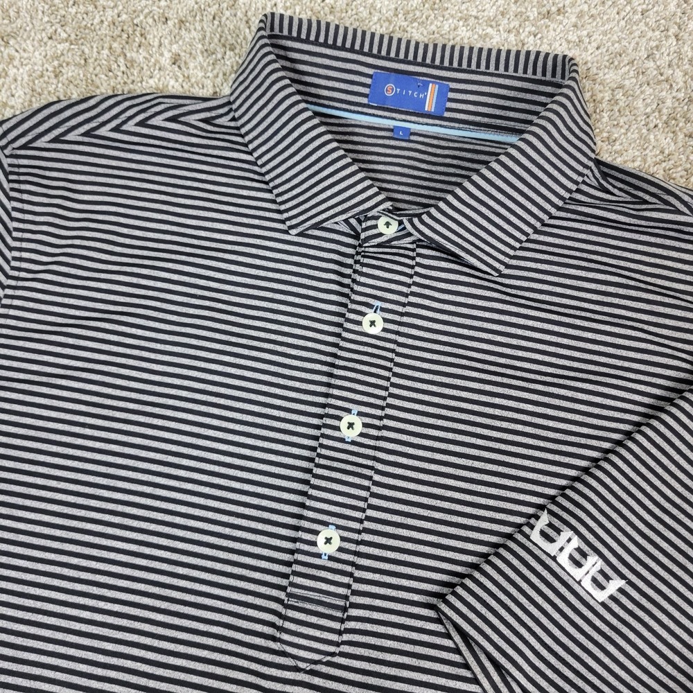 Stitch Mens Large Black Gray Striped Performance Stretch Golf Polo Short Sleeve